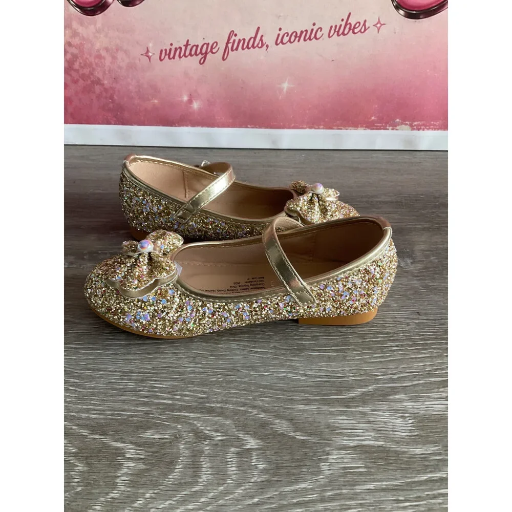 Flats Sparkly Gold With Strap (Size T6.5)